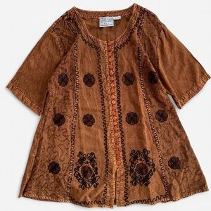 Vintage Speed Limit Warm Brown Tone Embroidered Tunic Blouse Top Boho Bohemian